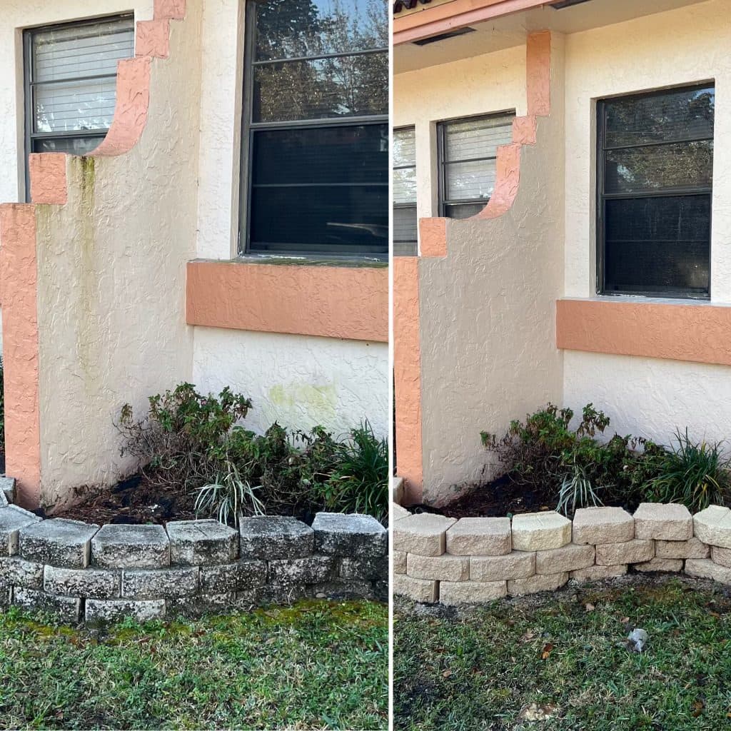 Stucco wall and retaining block cleaned of algae and grime